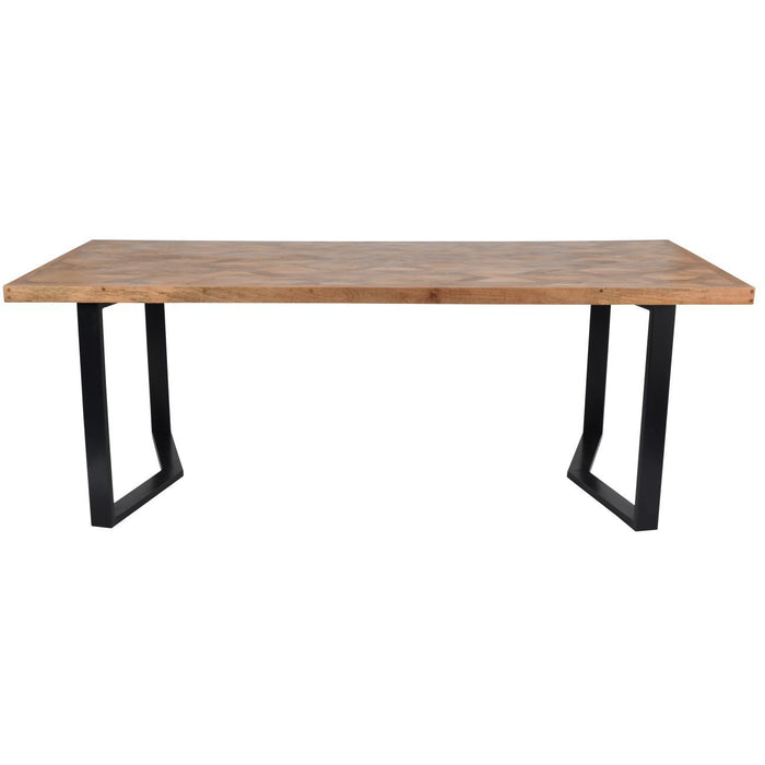 Severn Dining Table, Natural Herringbone Acadia Wood, Black Metal Legs