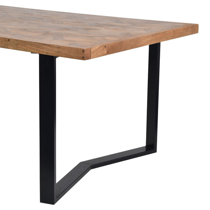 Severn Dining Table, Natural Herringbone Acadia Wood, Black Metal Legs