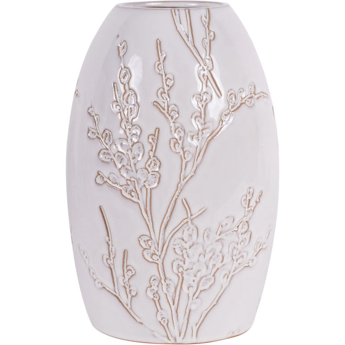 Laura Ashley Stoneware Vase, White Ceramic, Pussywillow Design, Large