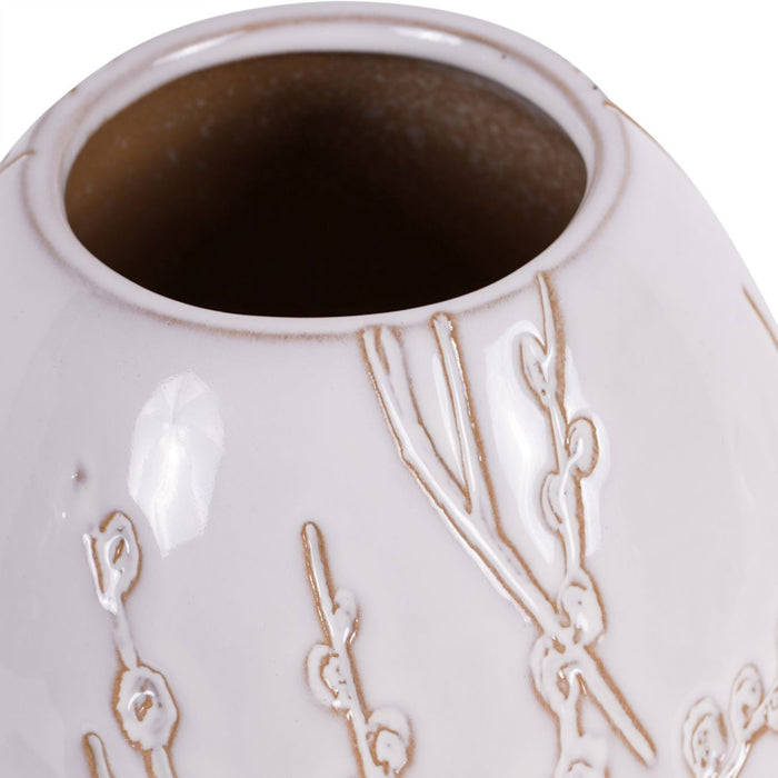 Laura Ashley Stoneware Vase, White Ceramic, Pussywillow Design, Large