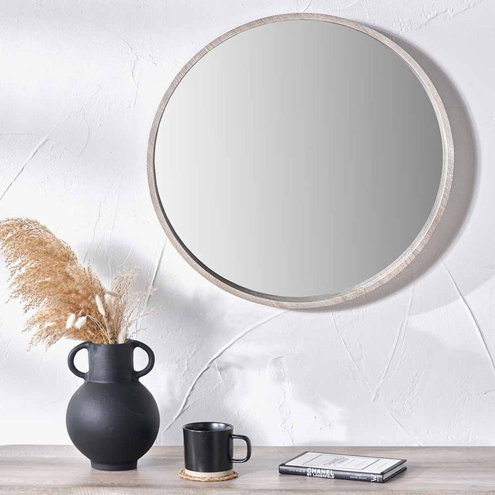 Minimalist Grey Oak Wood Veneer Slim Frame Round Wall Mirror