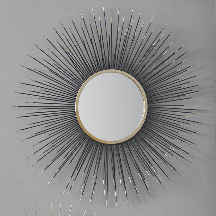 Black and Gold Metal Starburst Design Round Wall Mirror – Art Deco Accent