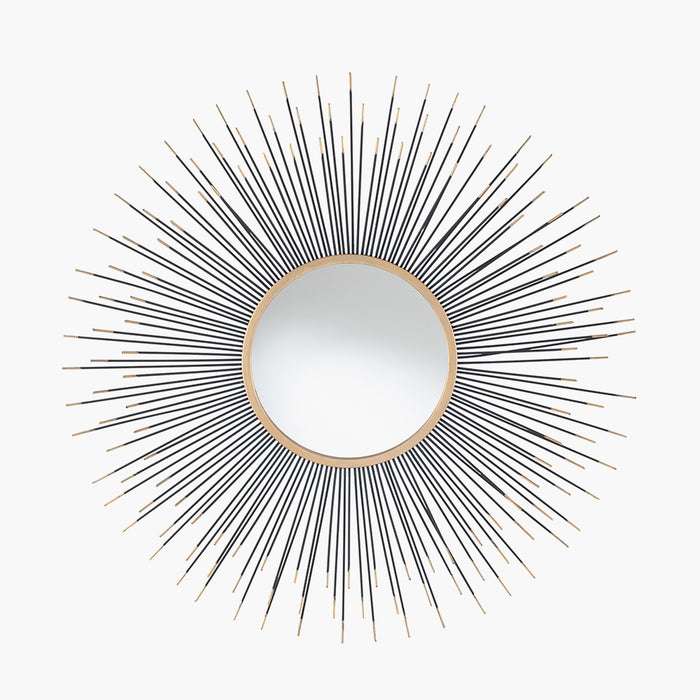  Black and Gold Metal Starburst Design Round Wall Mirror – Art Deco Accent