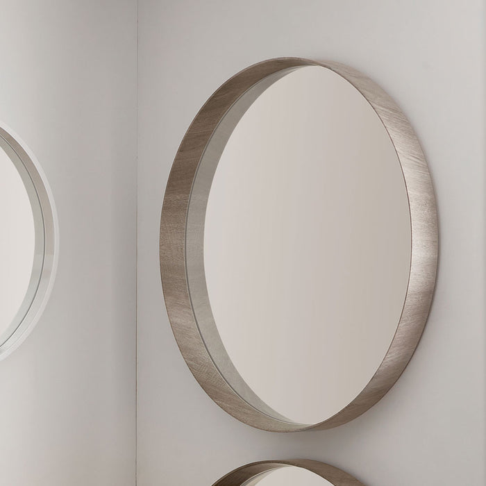 Grey Oak Wood Veneer Deep Edge Round Wall Mirror – Large Minimalist Accent