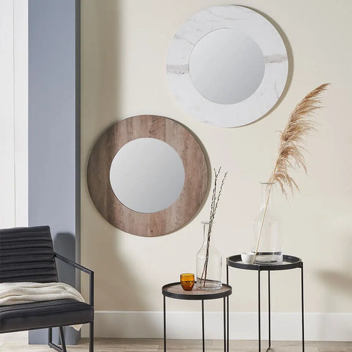 Modern White Marble Effect Round Mirror – Wood Veneer Frame  