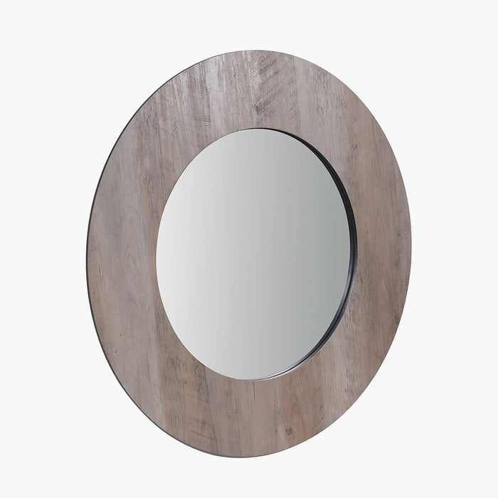 Brown Wood Veneer Round Wall Mirror – Rustic Elegance