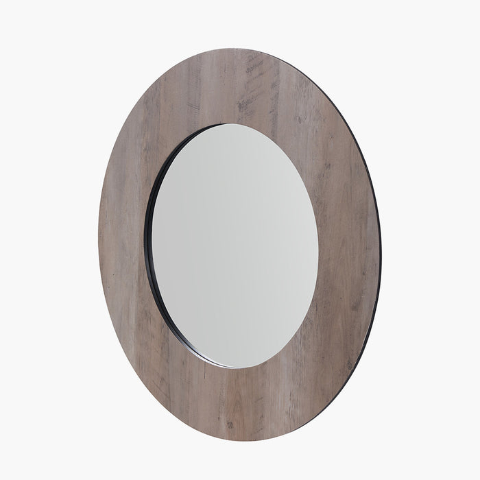 Brown Wood Veneer Round Wall Mirror – Rustic Elegance