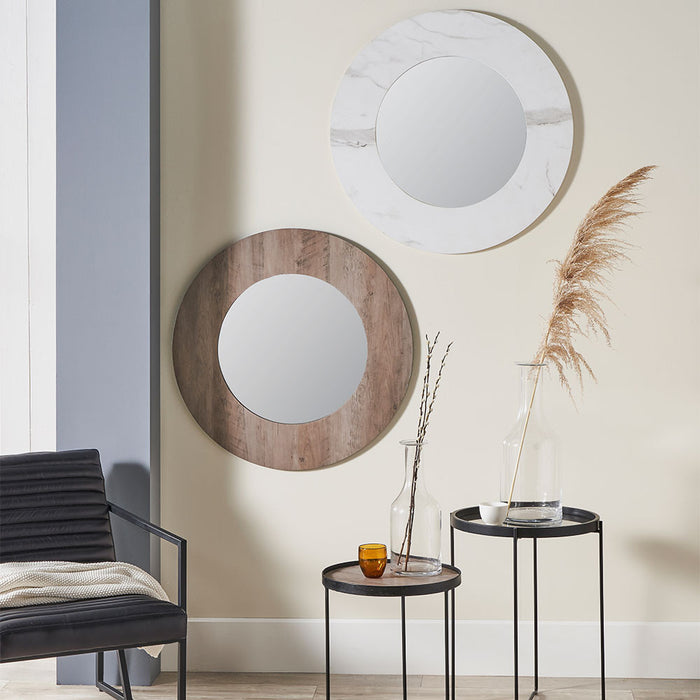 Brown Wood Veneer Round Wall Mirror – Rustic Elegance