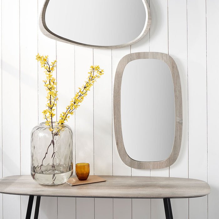 Grey Oak Wood Veneer Curved Edge Rectangular Wall Mirror