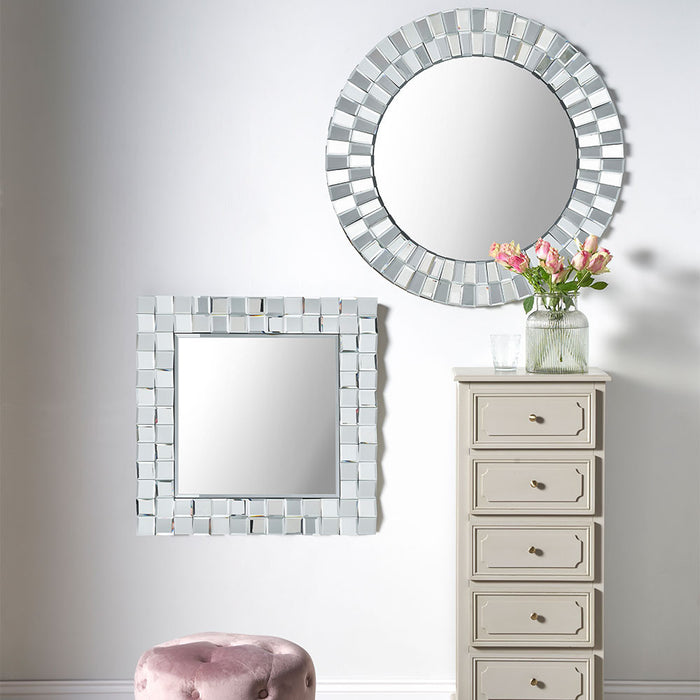 Mirrored Glass Tile Round Wall Mirror – Glamorous Multiple Tile Frame