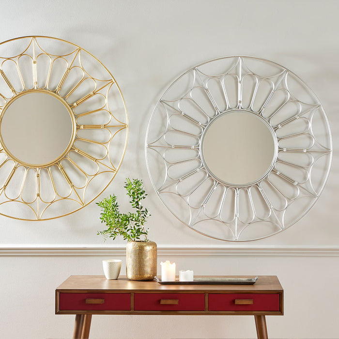 Silver Metal Cane Design Round Wall Mirror – Statement Geometric Frame