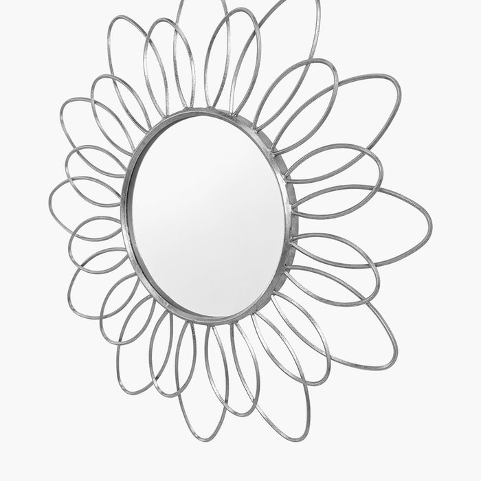 Silver Metal Petal Design Round Wall Mirror – Artistic Floral-Inspired Frame