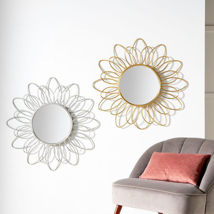 Silver Metal Petal Design Round Wall Mirror – Artistic Floral-Inspired Frame