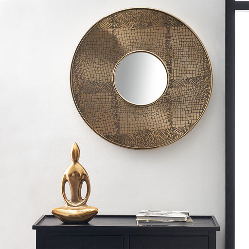 Luxurious Round Wall Mirror – Brass Metal Frame & Textured Design  