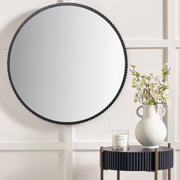 Black Metal Textured Edge Round Wall Mirror – Contemporary Decorative Accent