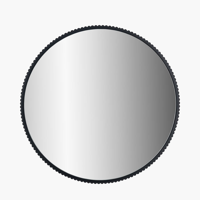 Black Metal Textured Edge Round Wall Mirror – Contemporary Decorative Accent