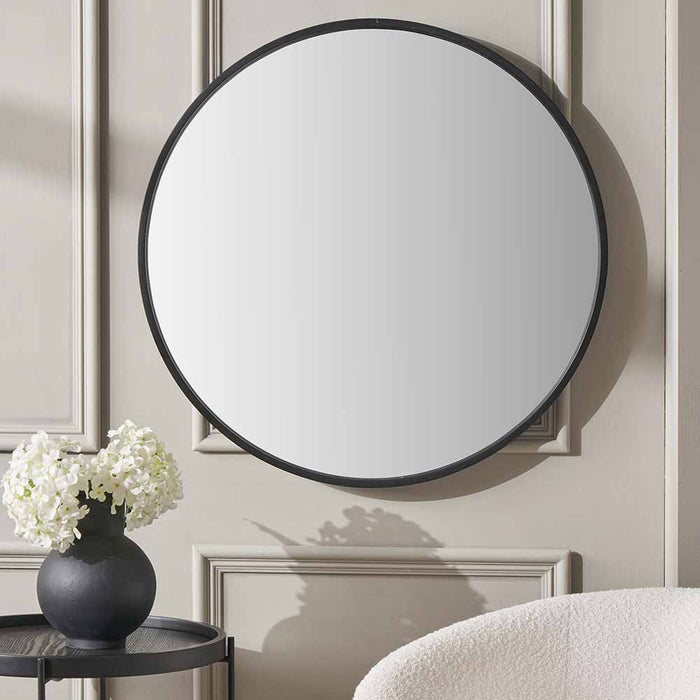 Black Wood Veneer Round Wall Mirror – Sleek and Timeless Design