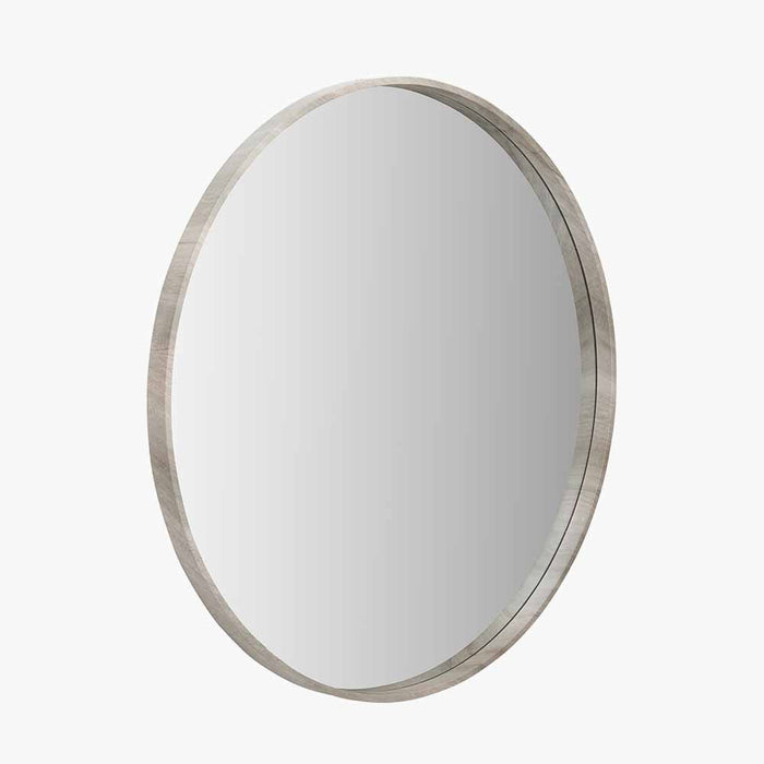 Grey Oak Wood Veneer Slim Frame Round Wall Mirror – Large Minimalist Design