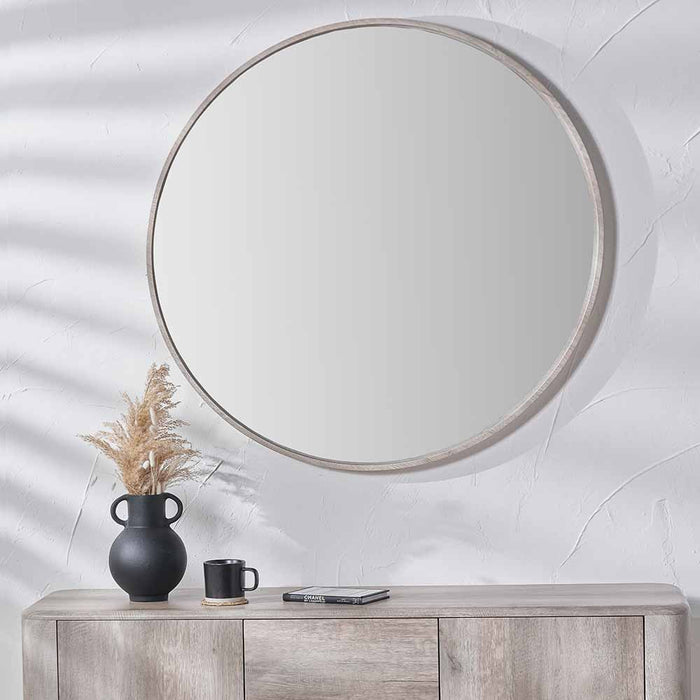 Grey Oak Wood Veneer Slim Frame Round Wall Mirror – Large Minimalist Design