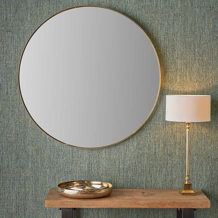 Brushed Gold Metal Slim Frame Round Wall Mirror – Large Contemporary Feature