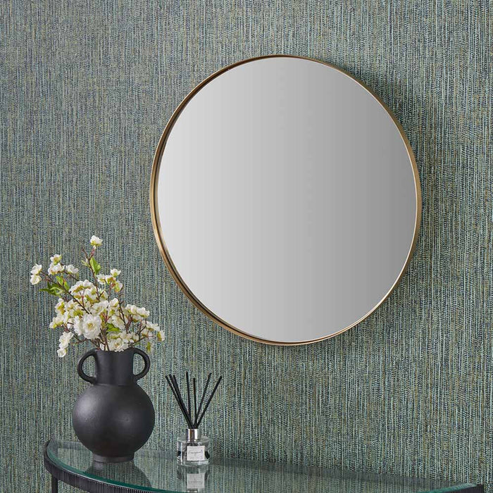 Brushed Gold Metal Slim Frame Round Wall Mirror – Small Contemporary Accent