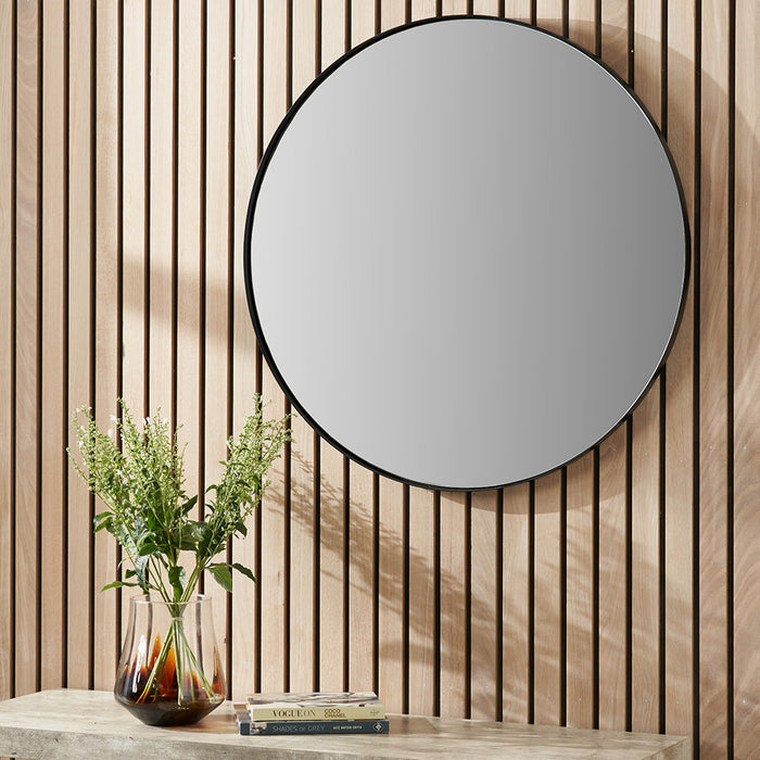 Black Metal Slim Frame Round Wall Mirror – Minimalistic Medium Accent Piece