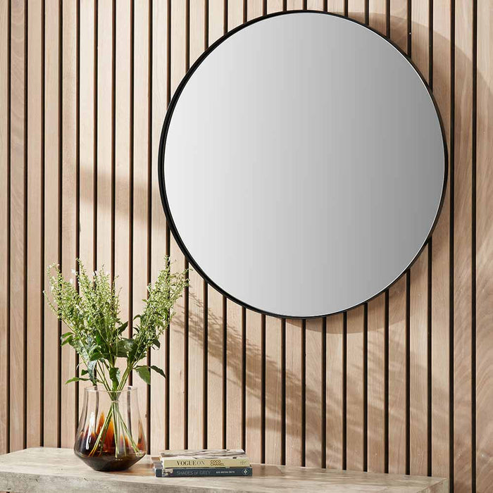 Black Metal Slim Frame Round Wall Mirror – Small Minimalist Accent