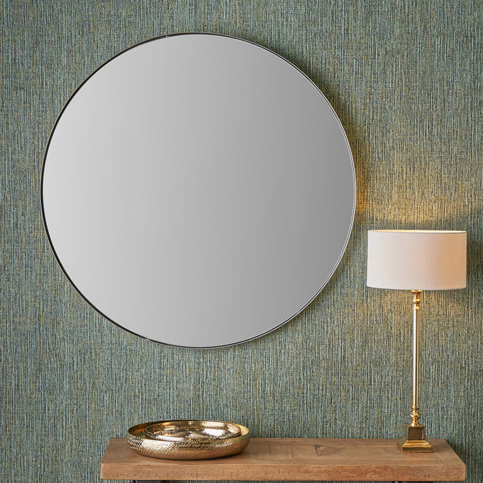 Brushed Silver Metal Slim Frame Round Wall Mirror – Large Contemporary Feature