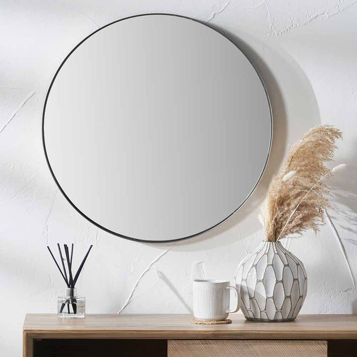 Brushed Silver Metal Slim Frame Round Wall Mirror – Medium Contemporary Accent