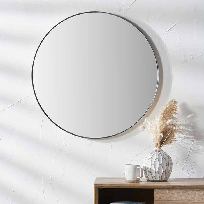 Brushed Silver Metal Slim Frame Round Wall Mirror – Small Contemporary Accent