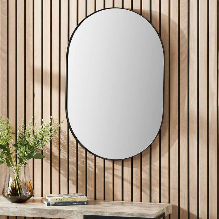  Black Metal Slim Frame Oval Wall Mirror – Minimalist Elegance