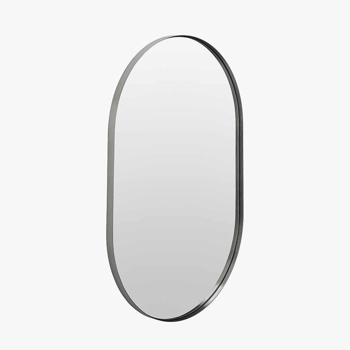 Brushed Silver Metal Slim Frame Oval Wall Mirror – Elegant Modern Design