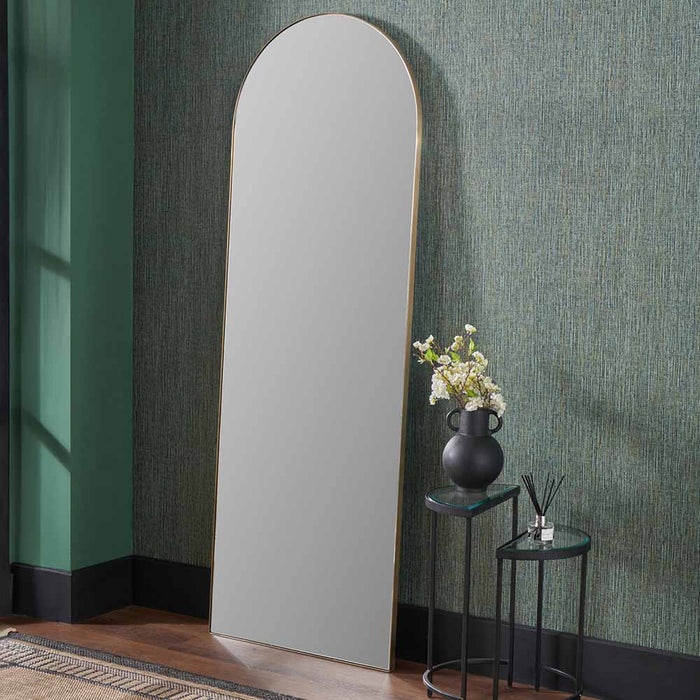  Brushed Gold Metal Slim Frame Arch Floor Mirror – Elegant Full-Length Design