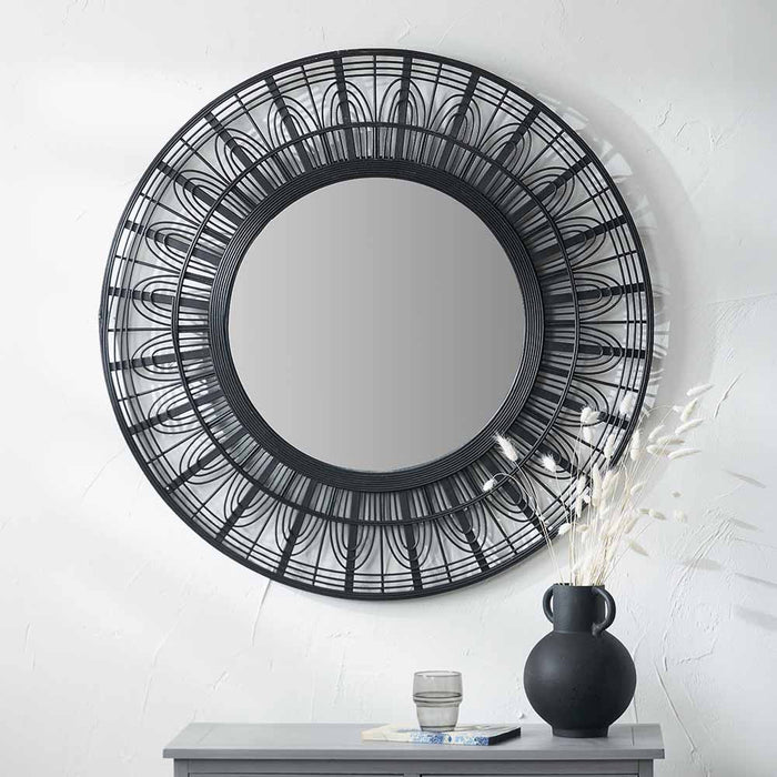  Black Bamboo Frame Round Wall Mirror – Stylish Scandi-Inspired Design