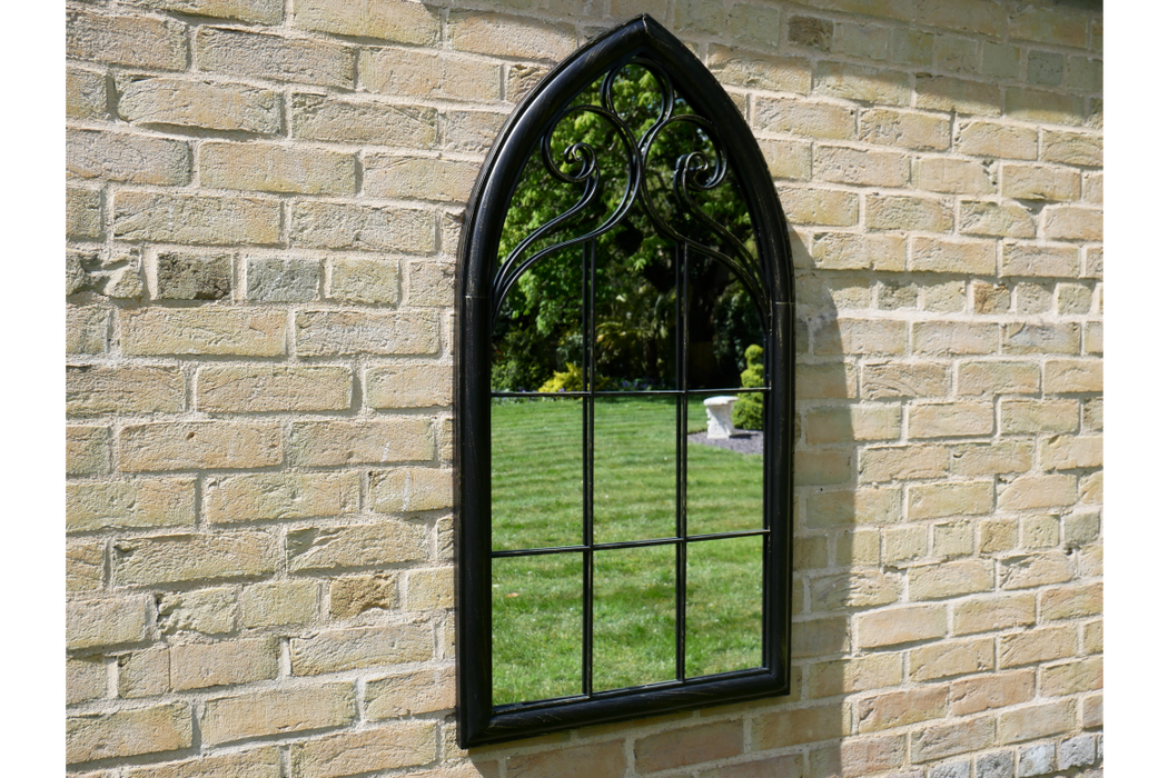 Arched Aged Black Metal Garden Mirror - Decor Interiors