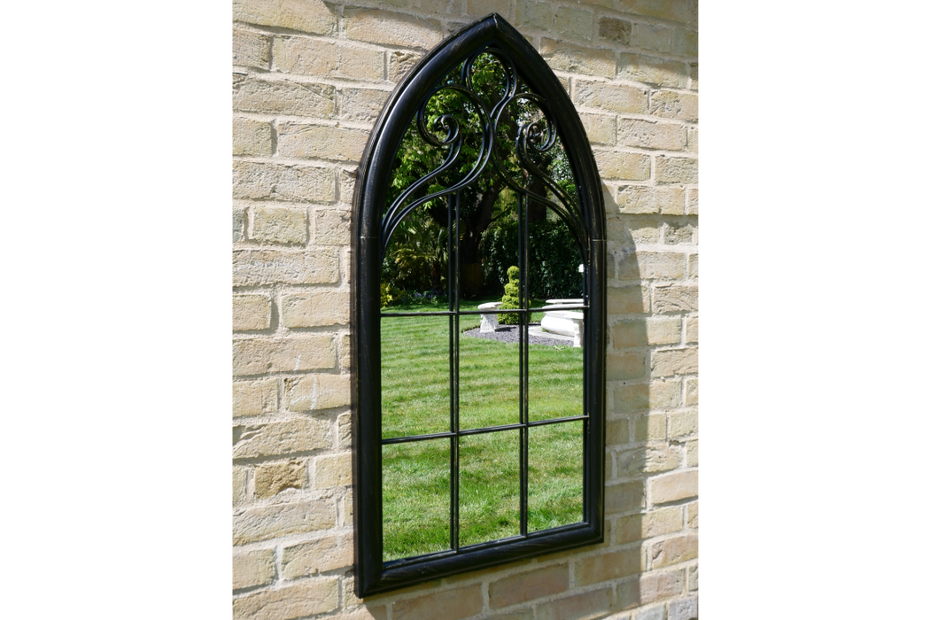 Arched Aged Black Metal Garden Mirror - Decor Interiors