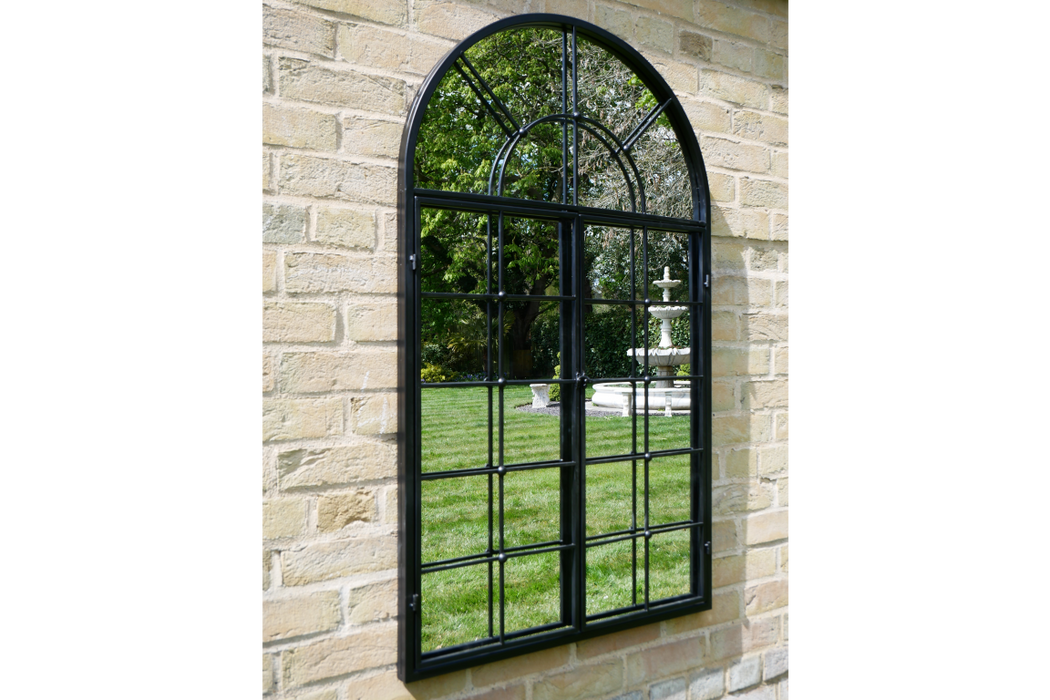 Indoor / Outdoor Black Metal Arched Garden Mirror - 115 x 70 cm