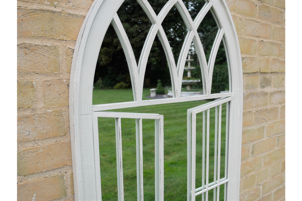 Indoor / Outdoor White Arched Metal Garden Mirror - 117 x 64 cm - Decor Interiors