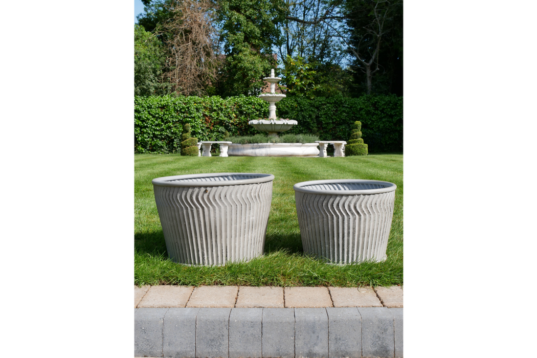 Outdoor Garden Planters, Grey Metal, Round, Set Of Two Tubs