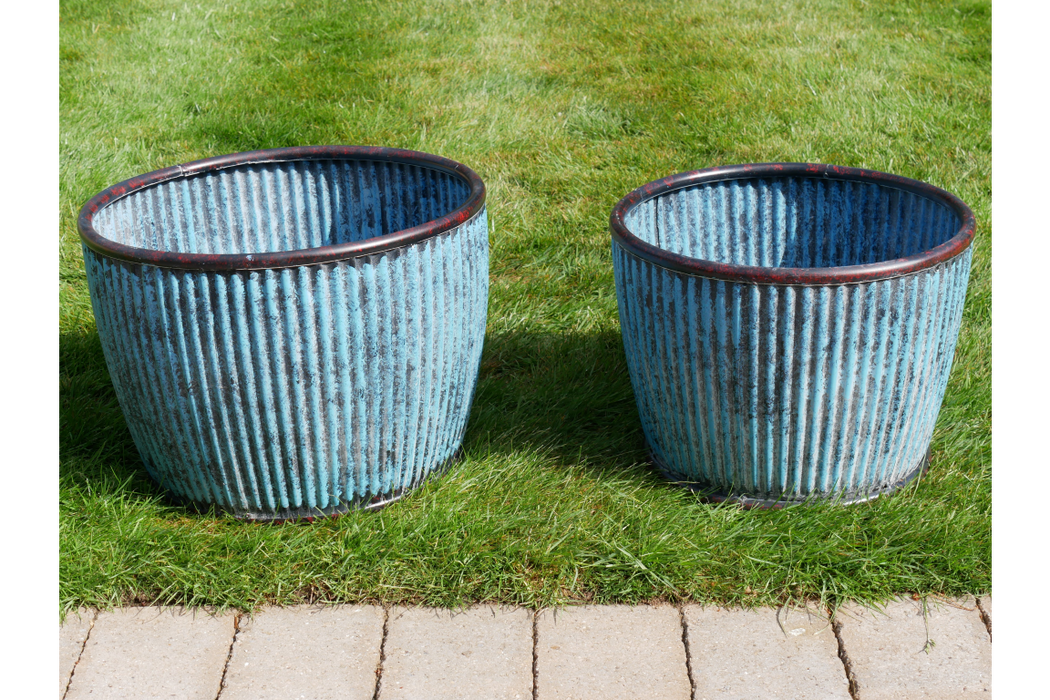 Outdoor Garden Planters, Blue Metal, Round, Set Of Two Tubs