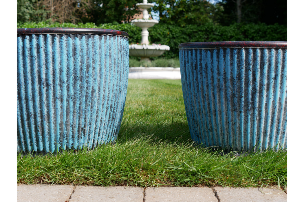 Outdoor Garden Planters, Blue Metal, Round, Set Of Two Tubs