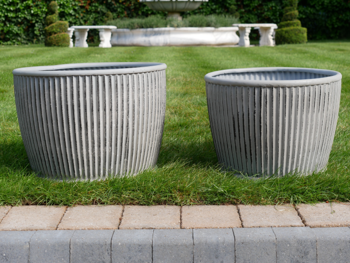 Outdoor Garden Planters, White Metal, Round, Set Of Two Tubs