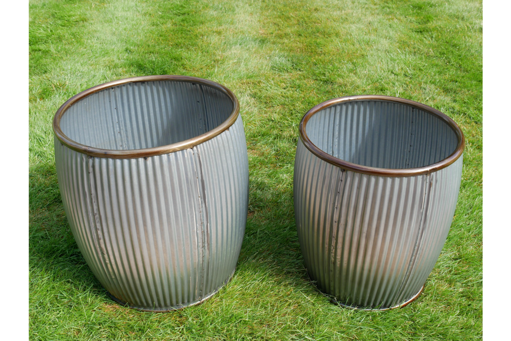 Outdoor Garden Planters, Silver Metal, Round, Set Of Two Tubs