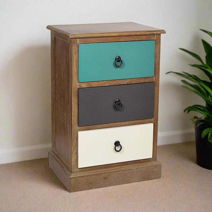 Multi-Coloured Chest of 3 Wooden Drawers / Bedside Table