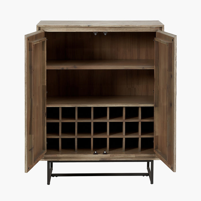 Marca Bar Cabinet, Sand Wash Acacia Wood, Black Metal Legs, 2 Door