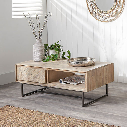 Rustic Industrial Coffee Table – Wood Top with Chevron Design & Metal Base  