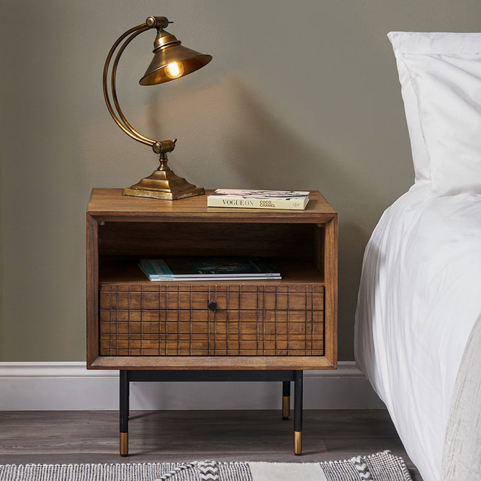 Crafter Bedside Table, 1 Drawer, Dark Brown Acacia Wood, Black Metal Legs