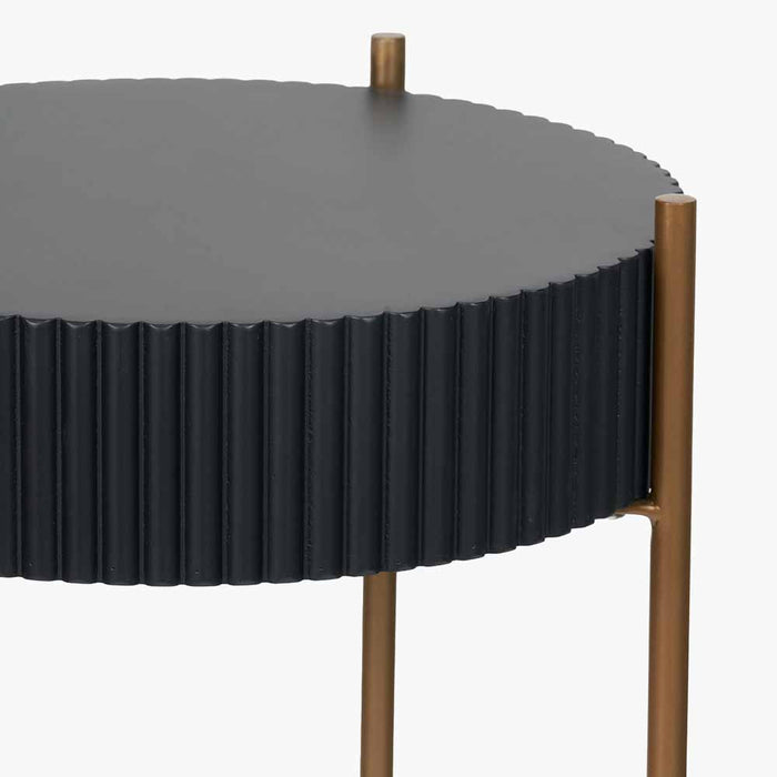 Georgio Side Table, Gold Metal Legs, Black Wood Veneer, Round Top