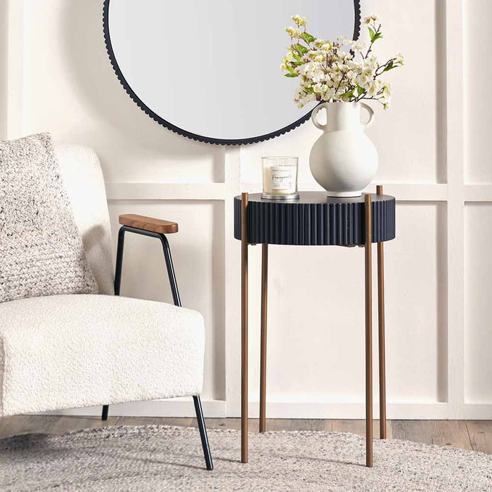 Georgio Side Table, Gold Metal Legs, Black Wood Veneer, Round Top