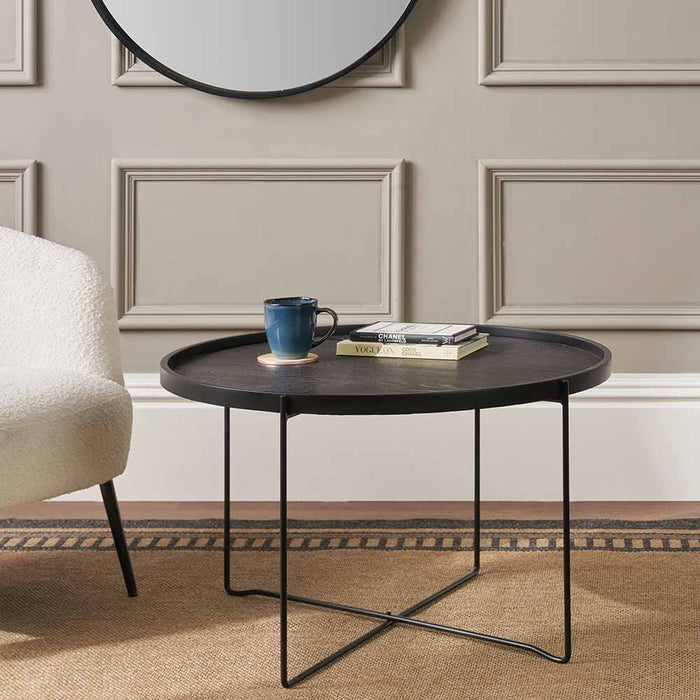 Voss Coffee Table, Black Wood Veneer Top, Black Metal Frames 